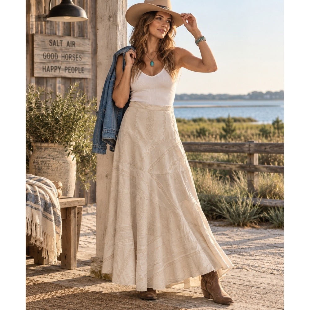 COLDWATER CREEK Women's XS Beige Maxi Skirt Linen Embroidered Tiered Boho